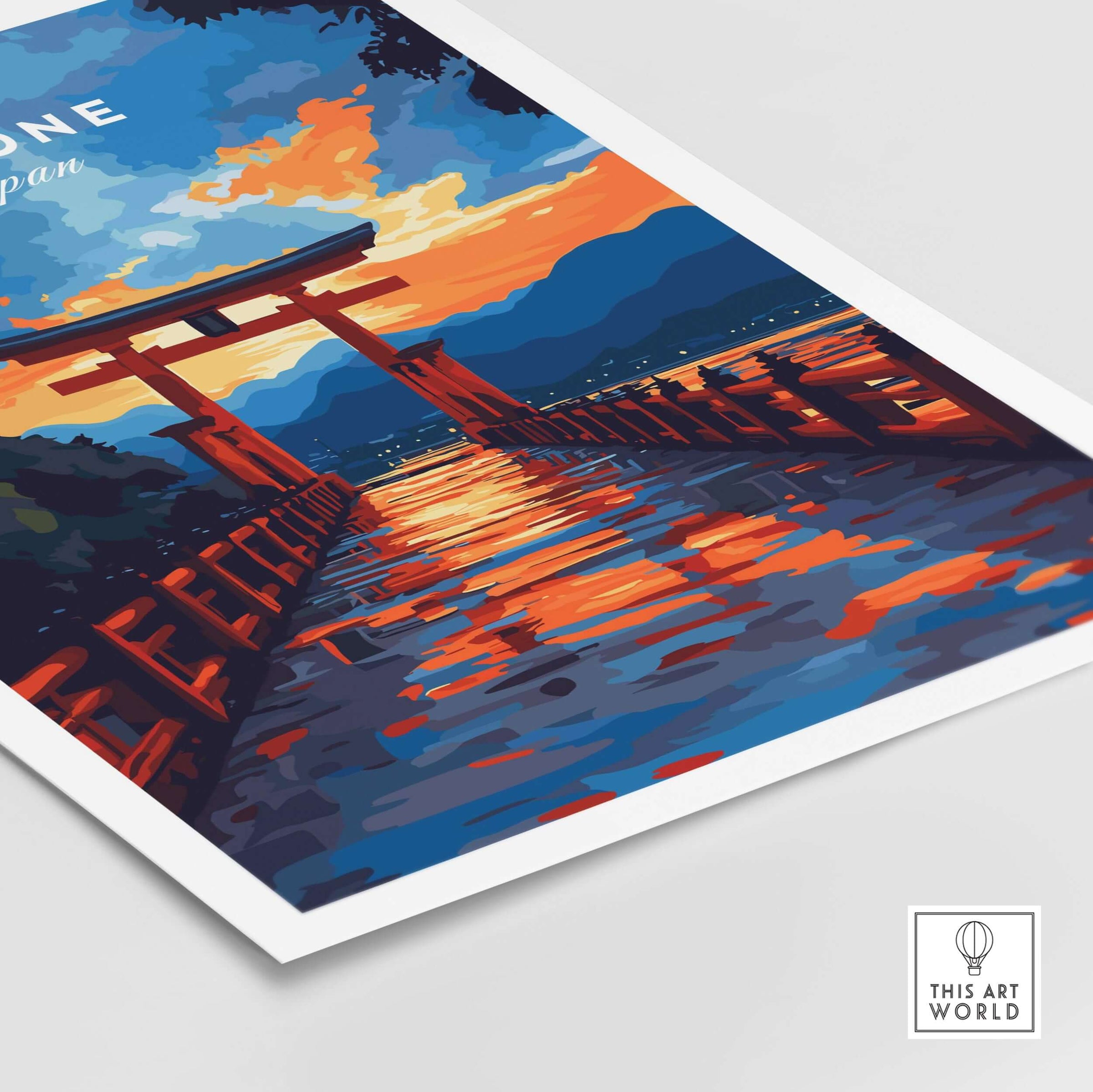 Hakone Wall Art Japan Torii Gate Sunset Reflections Poster - Vibrant Lake Ashi Print with stunning colors and reflections.