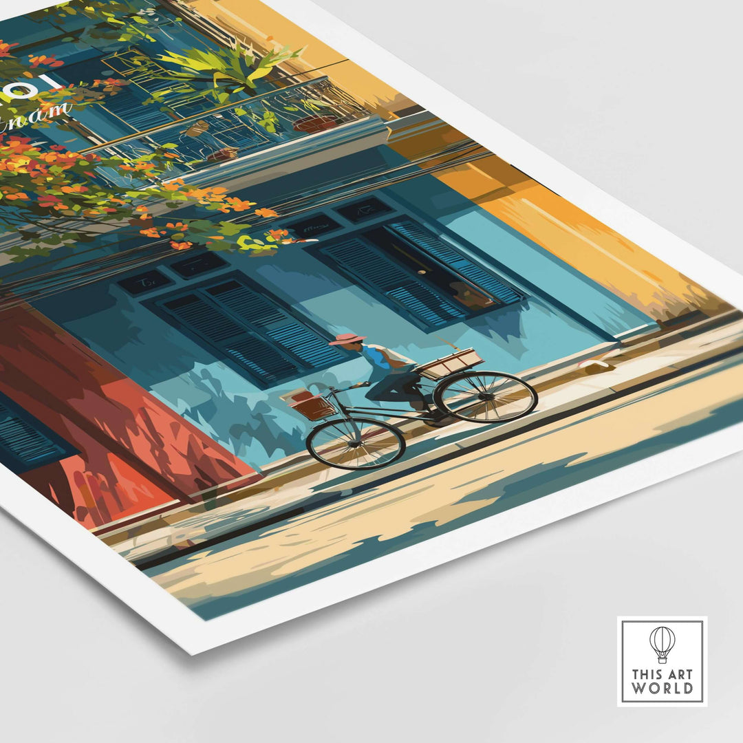 Vibrant Hanoi print featuring a cyclist beside colorful buildings, capturing the city's dynamic energy and rich culture.