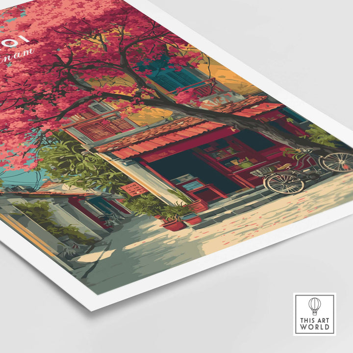 Hanoi Vietnam print featuring cherry blossom street and vibrant city life, ideal colorful wall art for home decor.