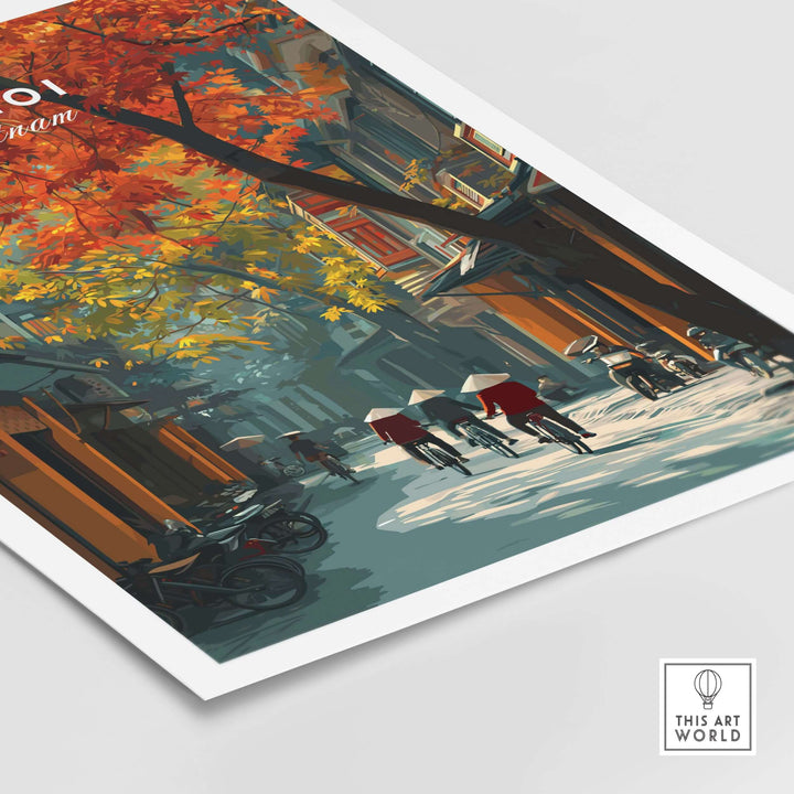 Hanoi poster featuring vibrant autumn colors and iconic city streets with traditional hats and bicycles.