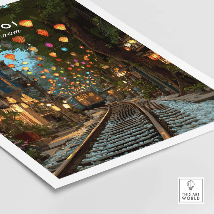Hanoi Train Street print showcasing vibrant lanterns and urban life, perfect for cityscape art lovers.
