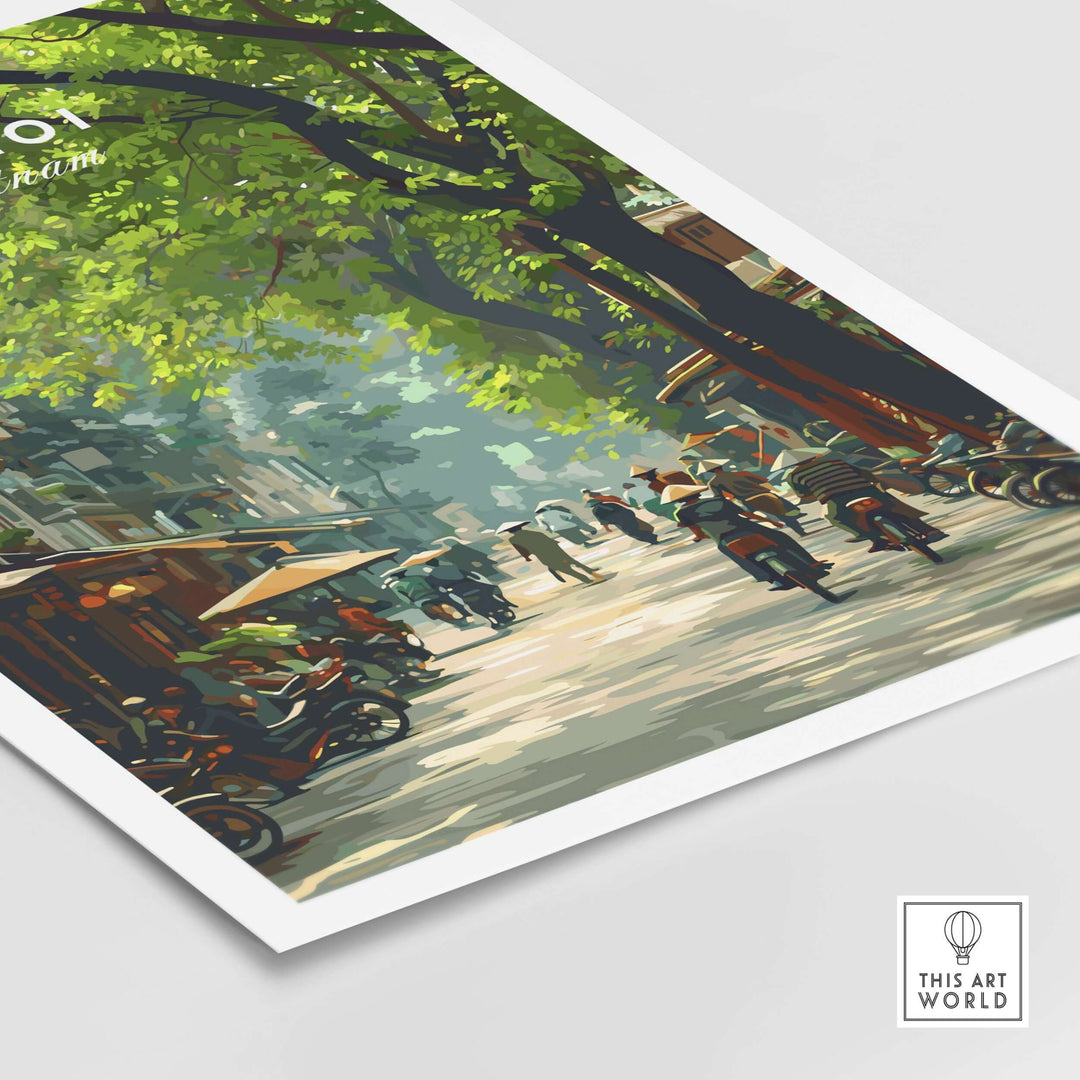 Hanoi Vietnam city street scene poster showcasing vibrant urban life and lush greenery.
