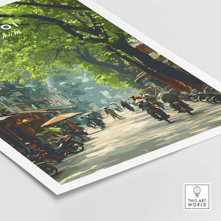 Hanoi Vietnam city street scene poster showcasing vibrant urban life and lush greenery.