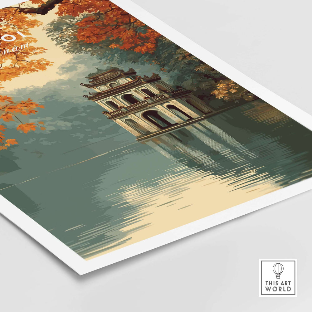 Hanoi Vietnam poster featuring Hoan Kiem Lake temple amid autumn foliage and reflective waters.