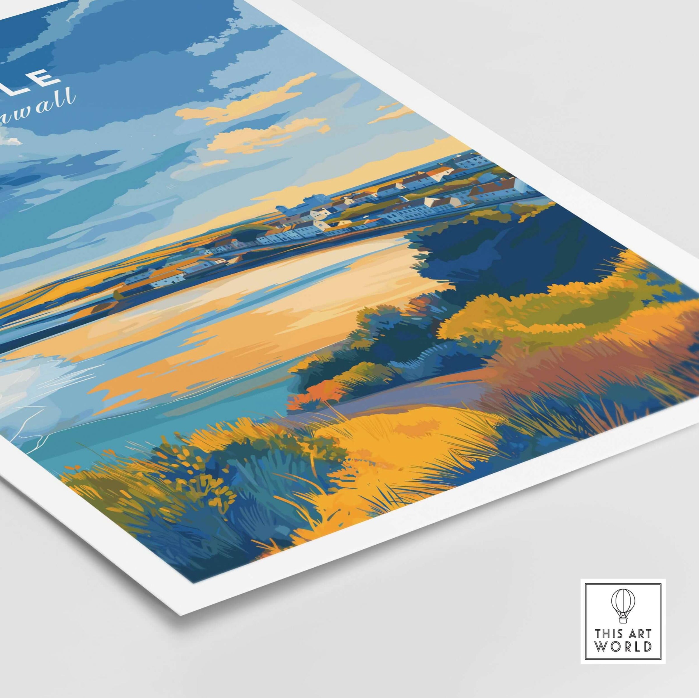 Hayle Cornwall Poster - UK Coastal Landscape Print showcasing a vibrant coastal scene with beach and town views.