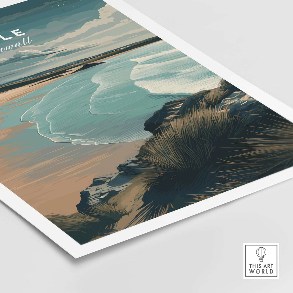 Hayle Cornwall coastal beach print featuring serene ocean views and dramatic seaside cliffs.