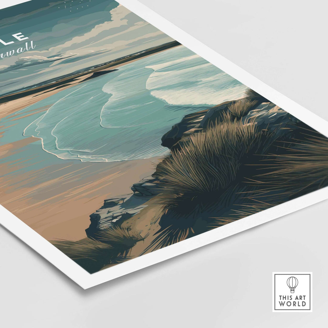 Hayle Cornwall coastal beach print featuring serene ocean views and dramatic seaside cliffs.
