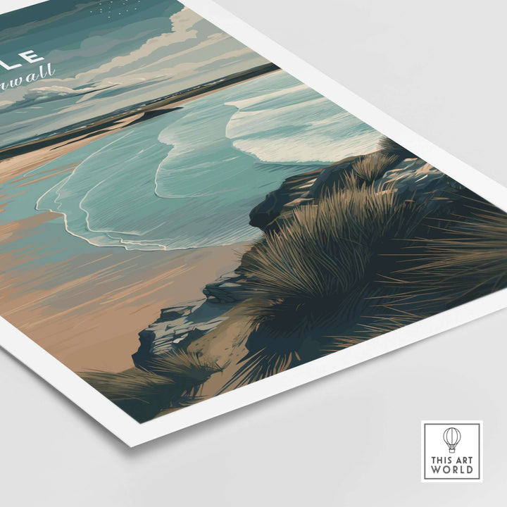 Hayle Cornwall coastal beach print featuring serene ocean views and dramatic seaside cliffs.