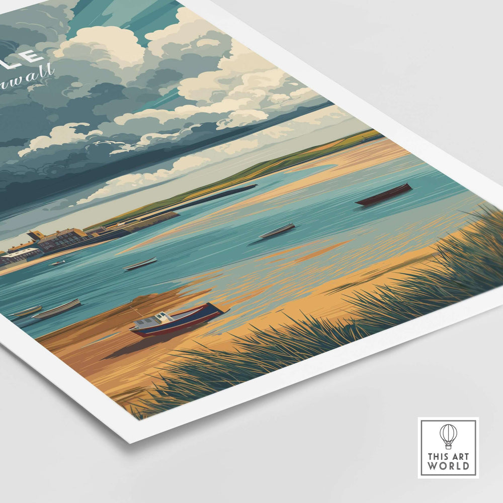 Hayle Boats in the Bay print showcasing a tranquil coastal scene of Cornwall with elegant boats on the water.