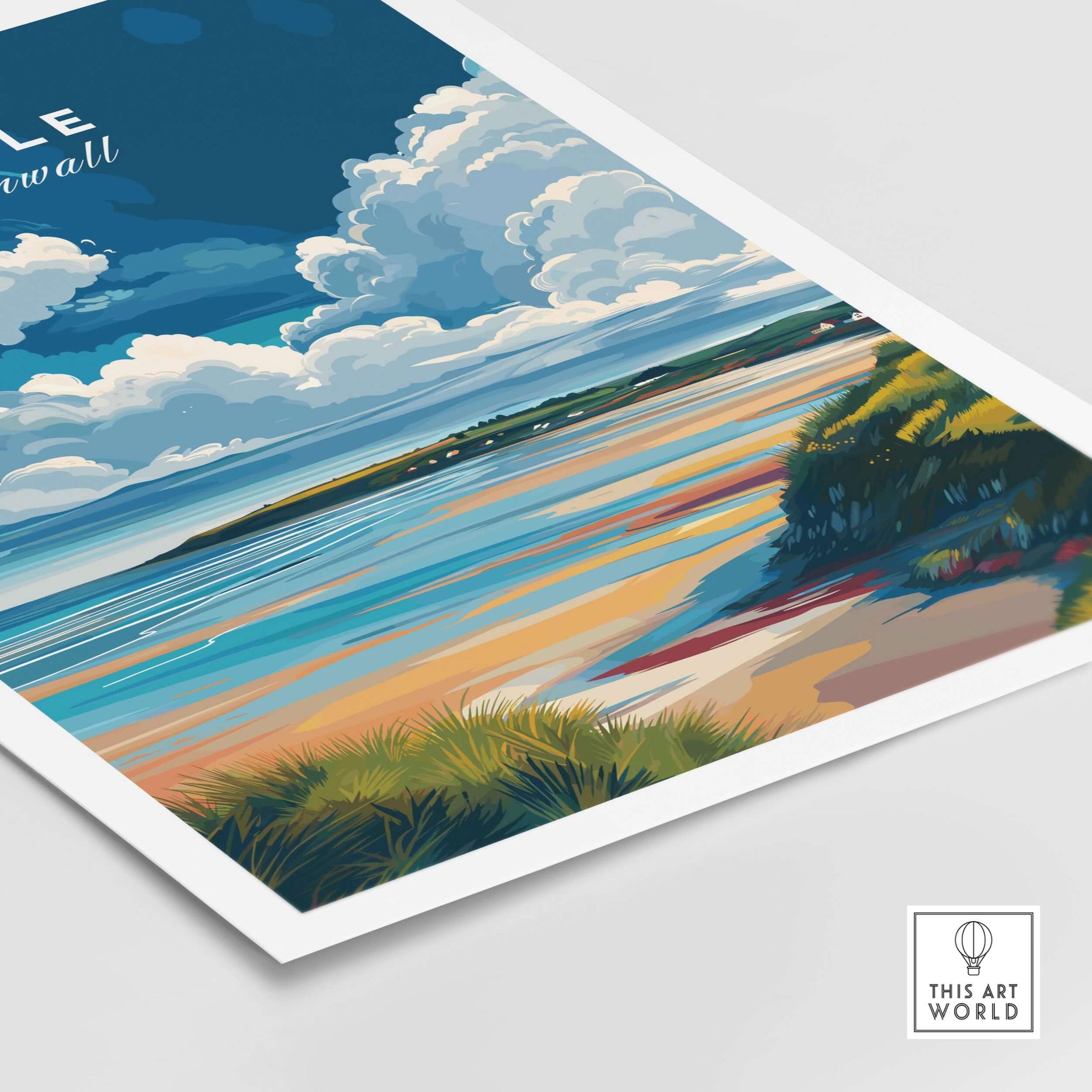Hayle Ocean View Print - Cornwall Travel Poster showcasing coastal scenery and vibrant colors.
