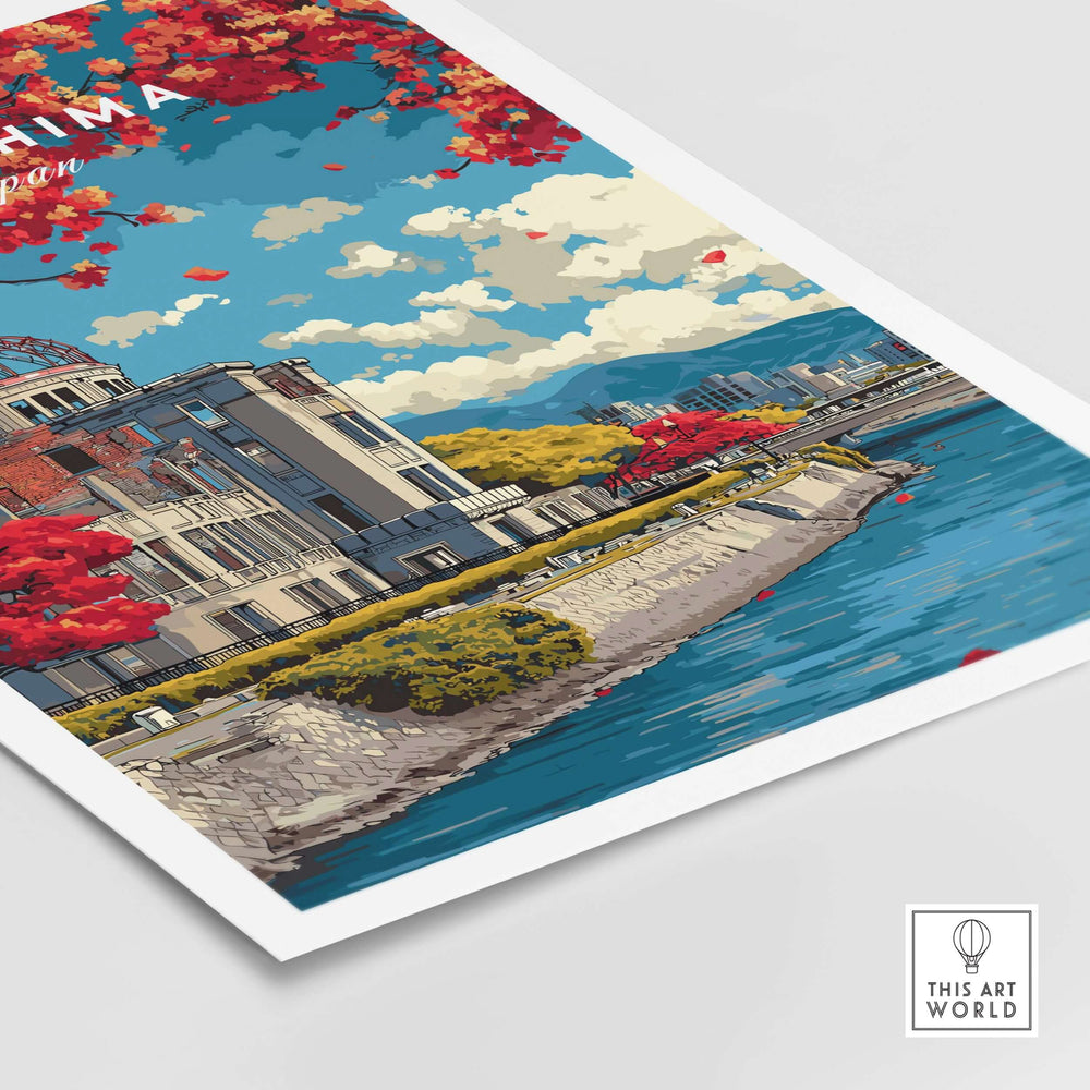 Hiroshima Japan print wall art featuring iconic landmarks and vibrant autumn colors along the river.