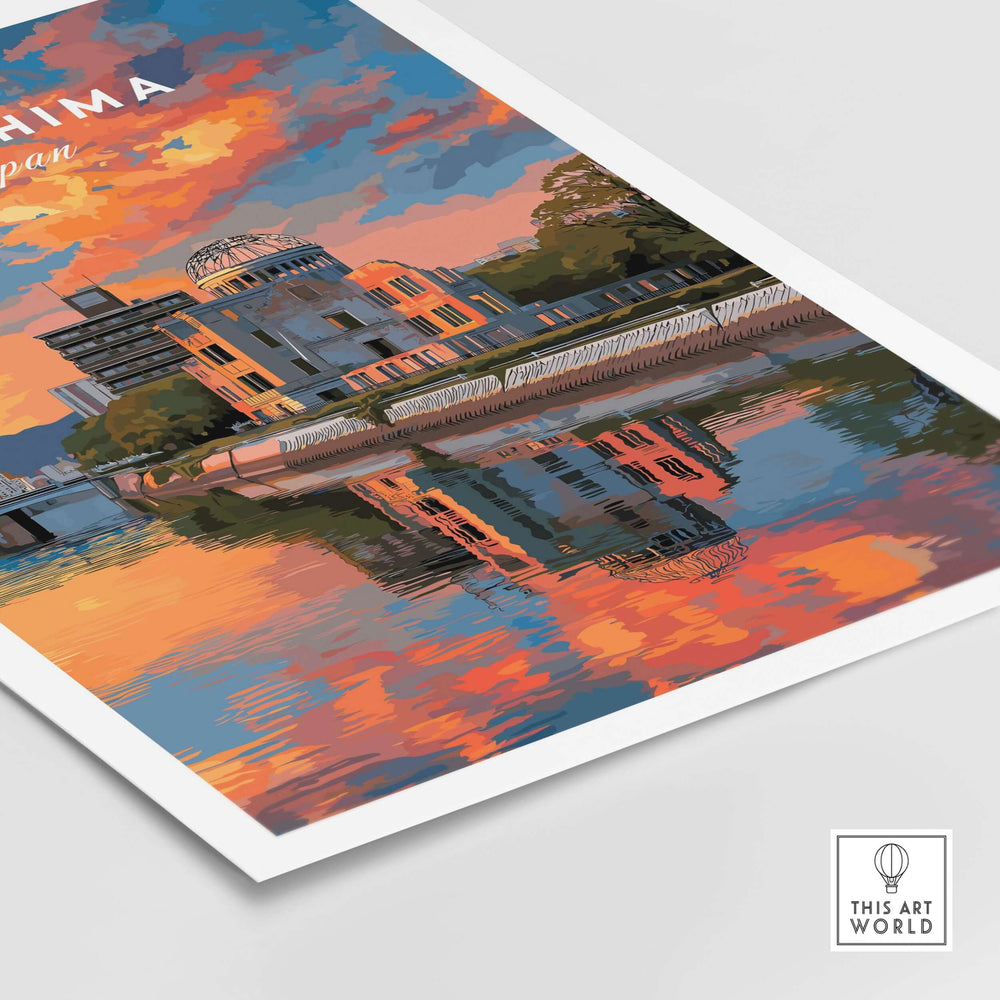 Hiroshima Japan sunset poster featuring vibrant sky colors and reflection on water, perfect wall art for home décor.