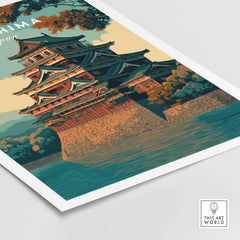 Hiroshima Print Japan - Historic Japanese Architecture Poster showcasing a traditional Japanese castle by the water.