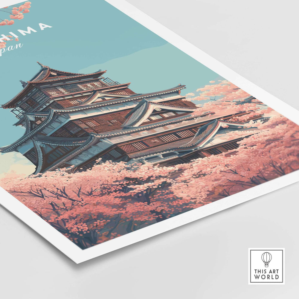 Poster of Hiroshima showcasing cherry blossoms and a traditional Japanese castle, celebrating springtime beauty.