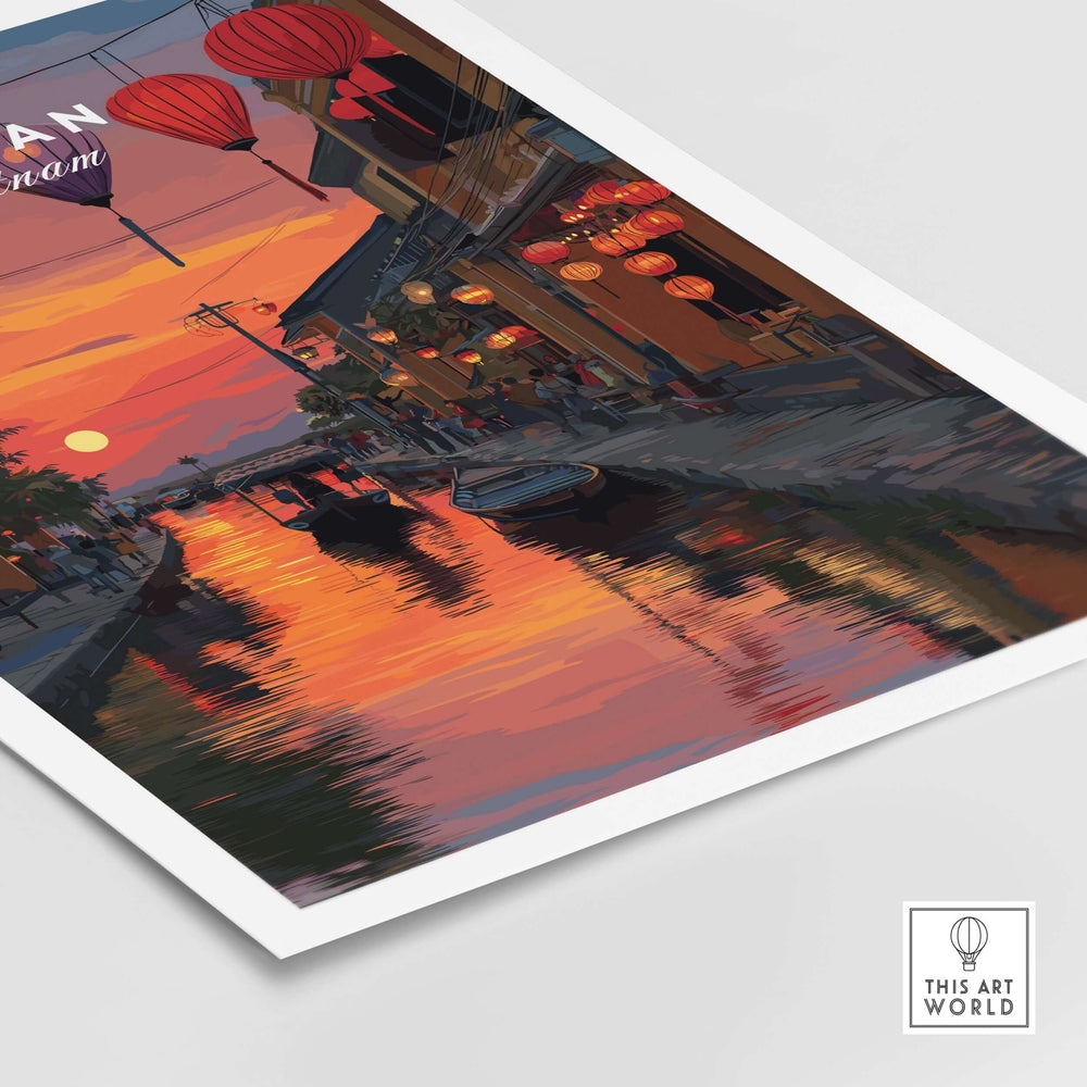 Hoi An sunset print featuring lanterns and river reflection, embodying the magic of Vietnam's Lantern Festival.