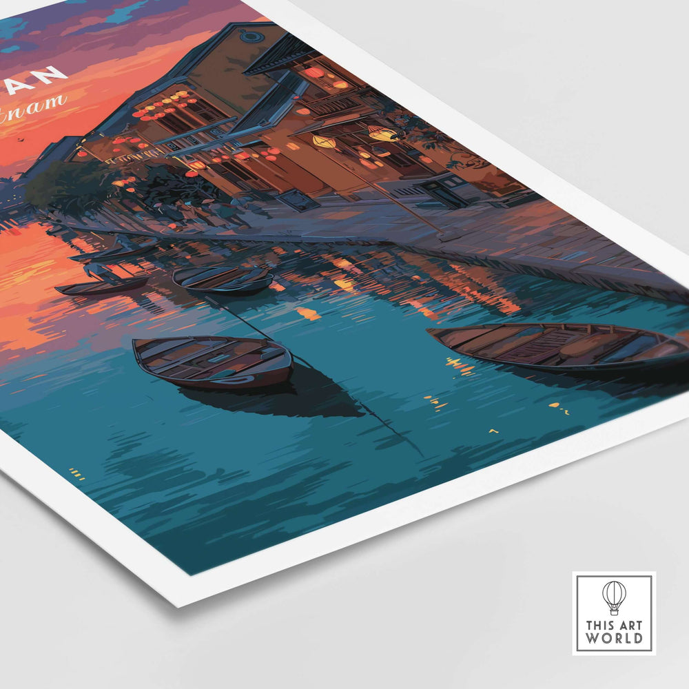 Hoi An Vietnam poster featuring ancient town architecture and serene waterfront at sunset.