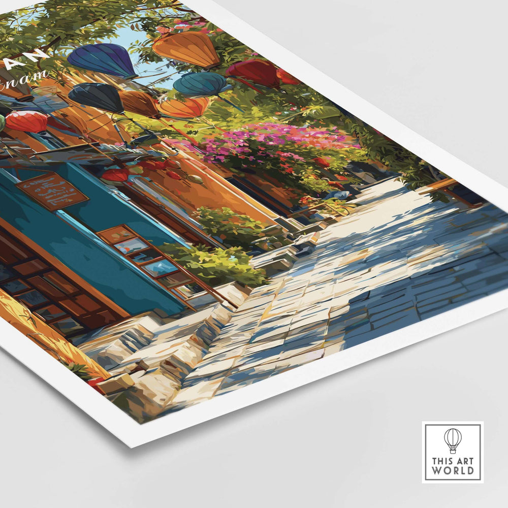 Vibrant Hoi An Vietnam poster featuring colorful lanterns in UNESCO Old Quarter alleyway.