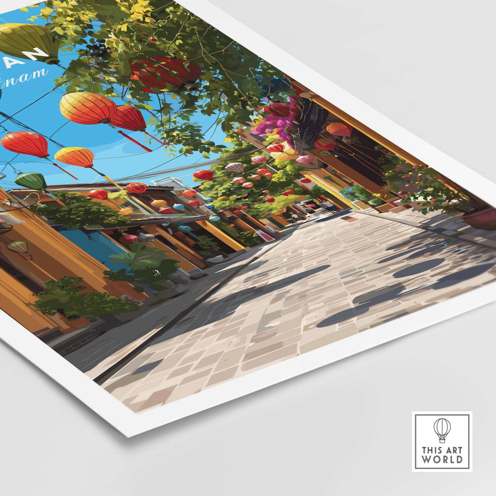 Vibrant Hoi An Vietnam street poster with colorful lanterns and lush greenery, perfect for home decor.