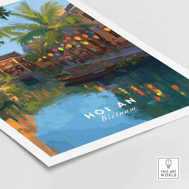 Hoi An Vietnam night print showcasing colorful lanterns and reflections on water.
