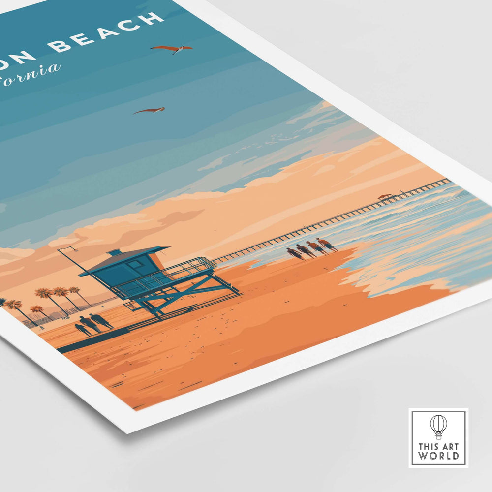 Huntington Beach Lifeguard Tower print with sunset and coastline, showcasing California beach vibes and summer charm.