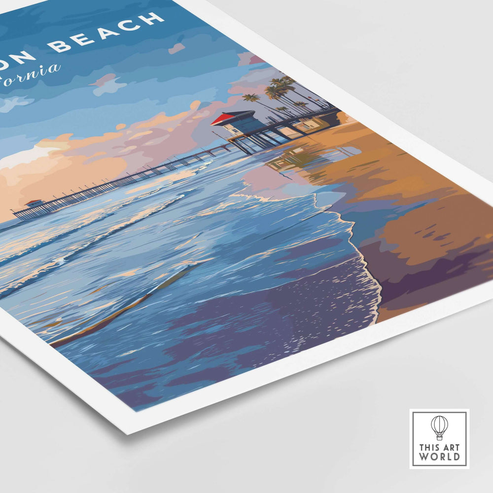 Huntington Beach Pier at sunset poster showcasing vibrant colors over the ocean waves.