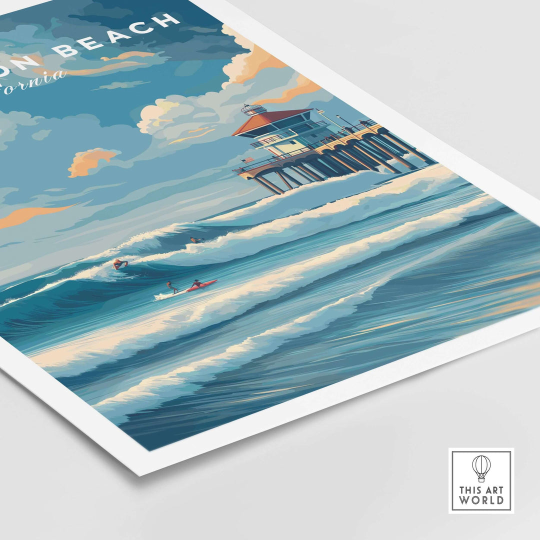 Huntington Beach Surfers Catching Waves print showcasing vibrant California surf culture and dynamic ocean waves.
