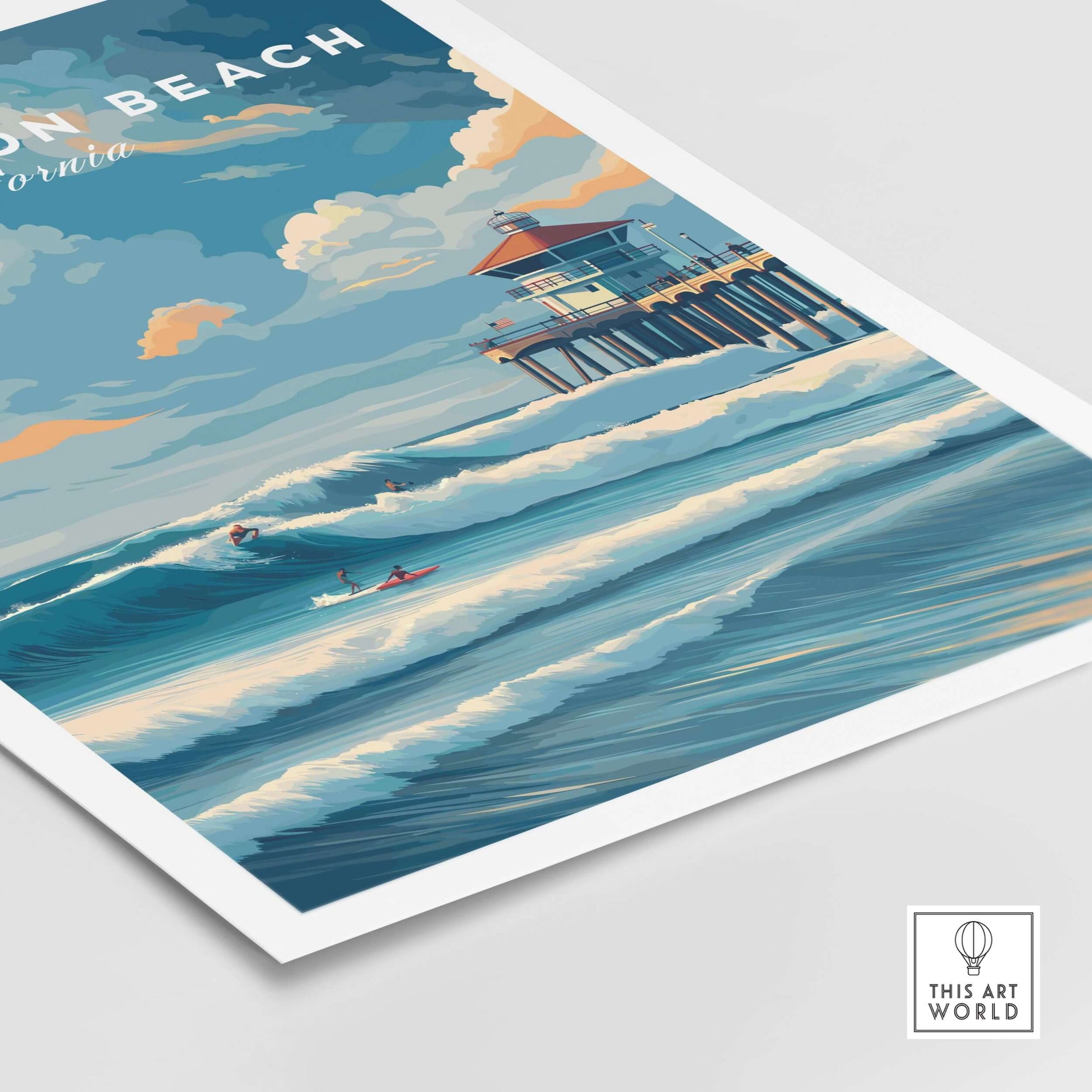 Huntington Beach Surfers Catching Waves Print - California Surfing Wall Art featuring surfers riding waves near the iconic pier.