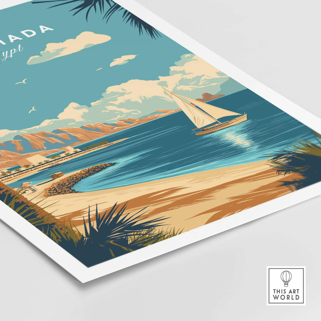 Hurghada Egypt beach print featuring sailing boat, tropical scenery, and tranquil waters, perfect for coastal decor.