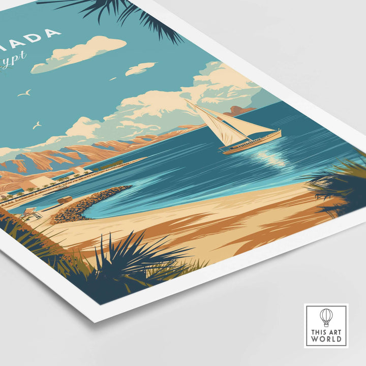 Hurghada Egypt beach print featuring sailing boat, tropical scenery, and tranquil waters, perfect for coastal decor.