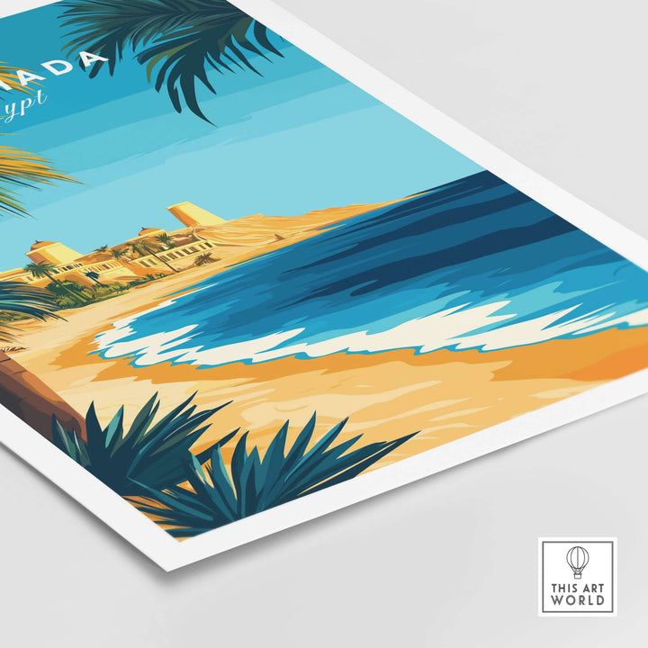 Vibrant Hurghada beach poster showcasing clear waters and serene sandy shores of Egypt's Red Sea.