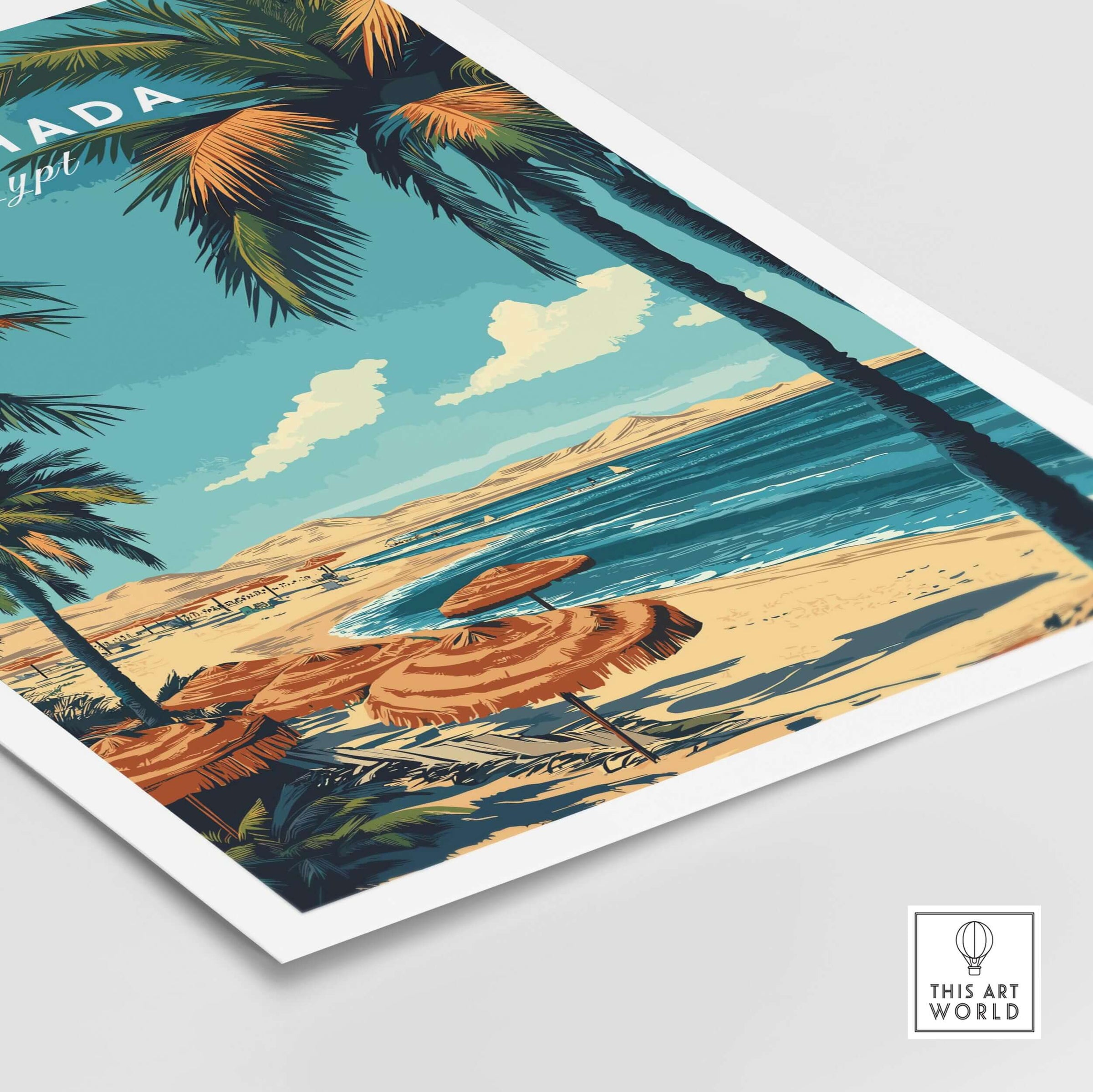 Hurghada Egypt Print - Tropical Vacation Wall Art featuring palm trees and a beach with sunny coastal views.