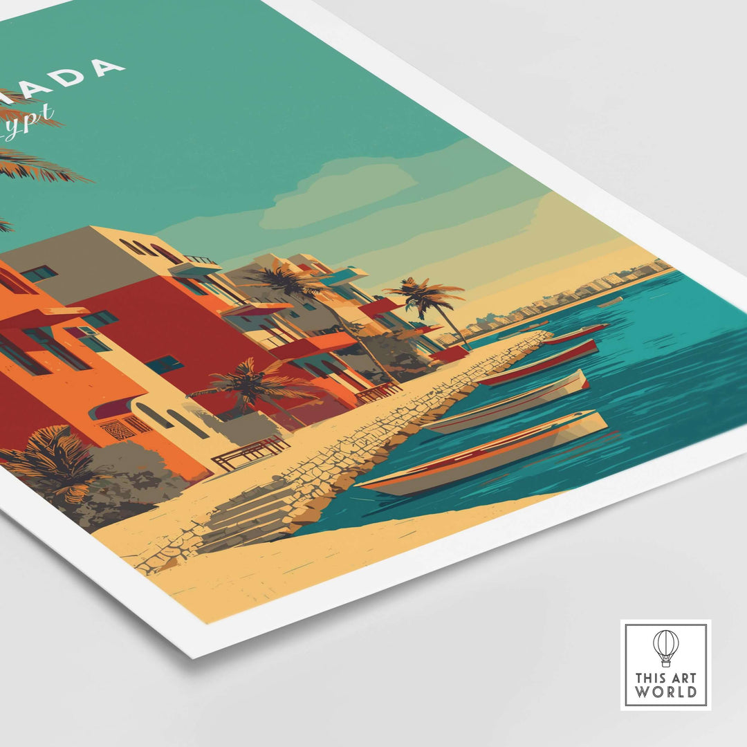 Hurghada Egypt poster featuring vibrant coastal views, tropical buildings, and boats on the Red Sea, perfect vacation wall art.