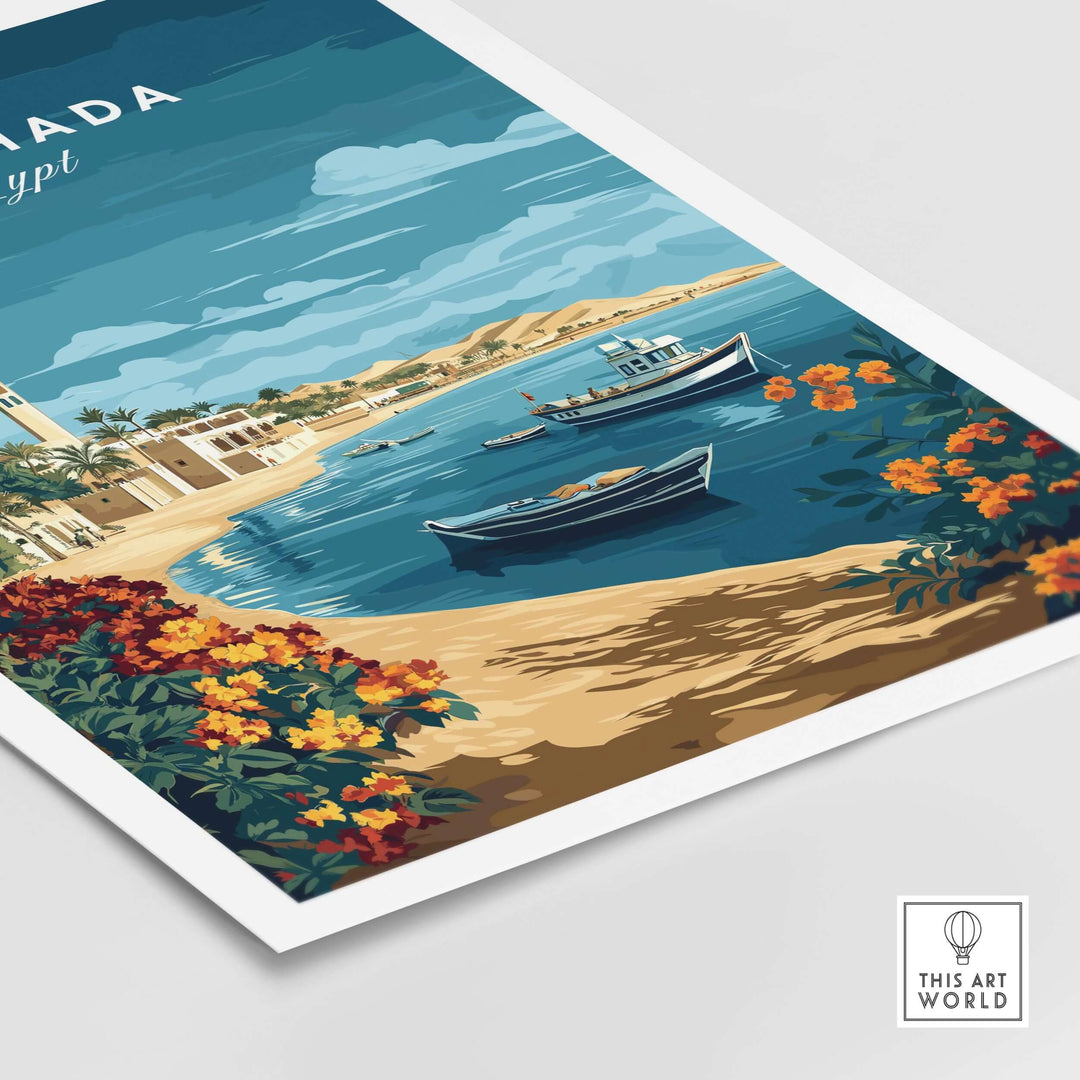 Colorful Hurghada print featuring boats and tropical scenery, showcasing Egypt's Red Sea beauty and coastal charm.