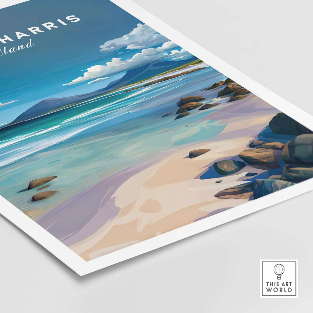 Isle of Harris Scotland beach print featuring a serene blue sky and rocky coastline on high-quality paper.