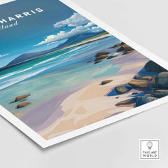 Isle of Harris Scotland Blue Sky Beach Print - Rocky Coastline Wall Art showcasing a vibrant coastal landscape.