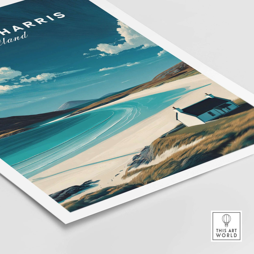 Isle of Harris Scotland beach house seascape poster featuring a serene coastal view with turquoise waters and a white house.
