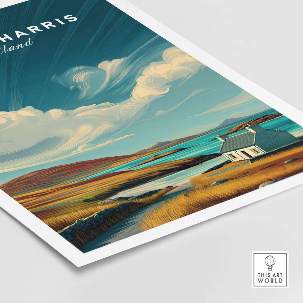 Isle of Harris print showcasing a coastal cottage in a serene Scottish landscape with rolling hills.