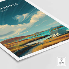 Isle of Harris Print Scotland Coastal Cottage Landscape - Rolling Hills Wall Art featuring a scenic coastal cottage.