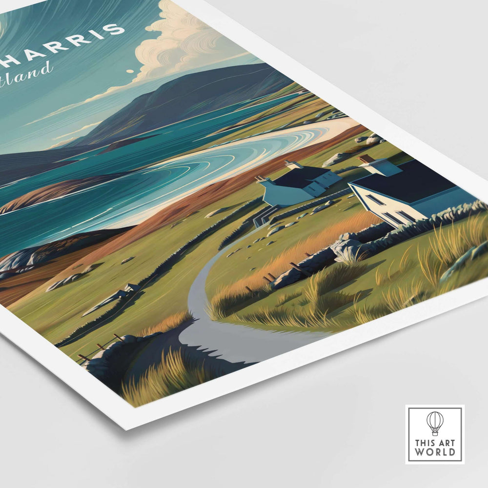 Isle of Harris Scotland beach print showcasing scenic coastal landscape with homes and serene shores.