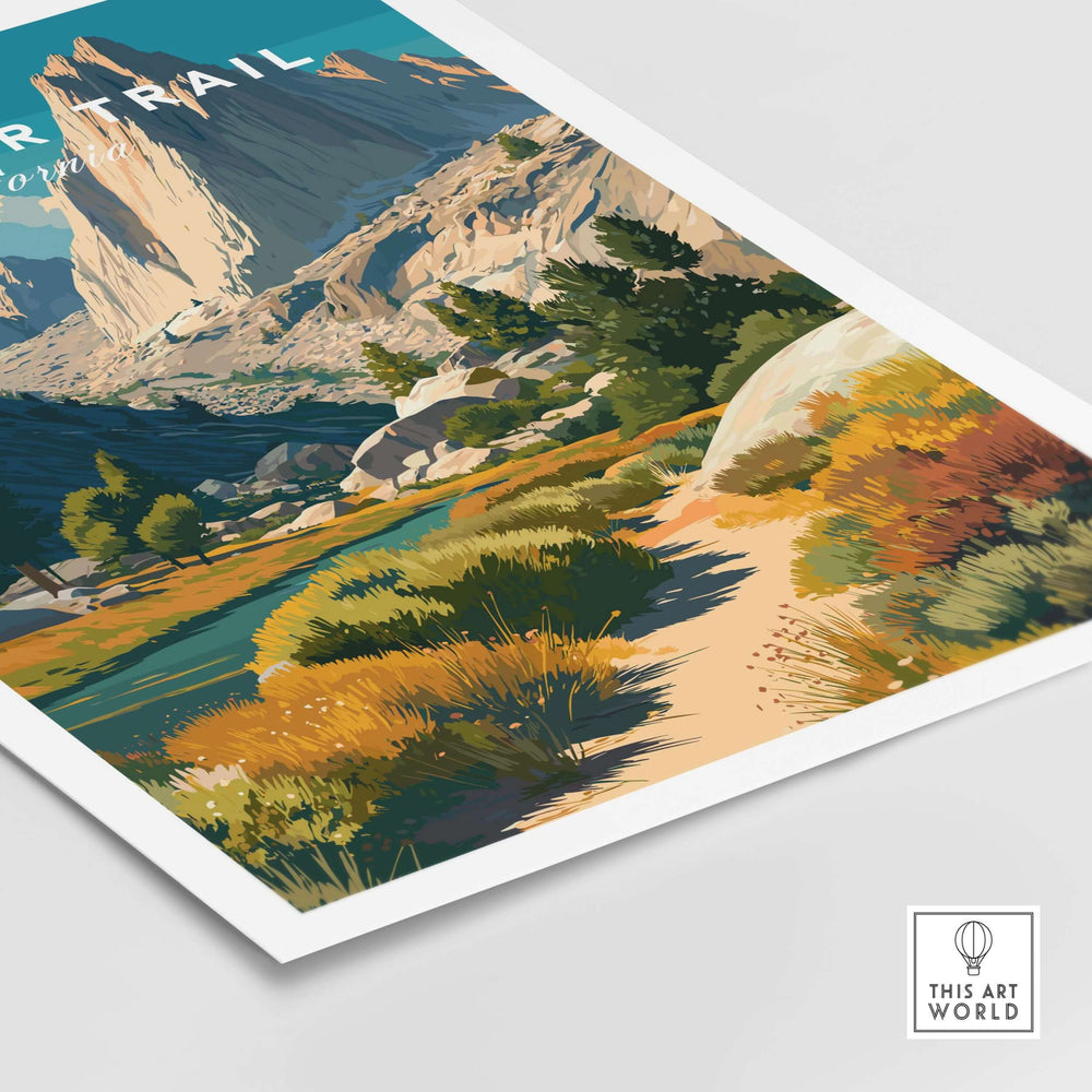 John Muir Trail California mountain print depicting vibrant wilderness scenery for hiking and nature lovers.