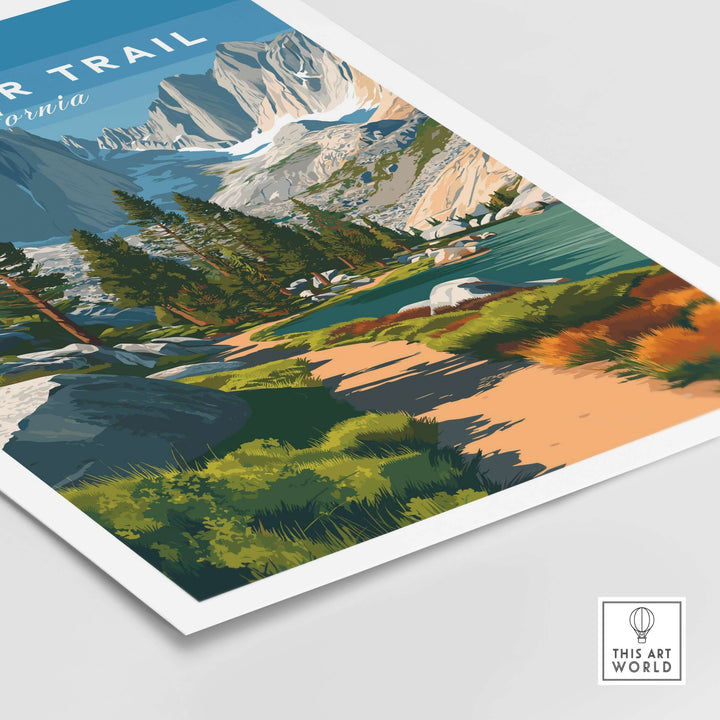 John Muir Trail poster featuring a stunning California lakeside mountain landscape with lush greenery and scenic views.