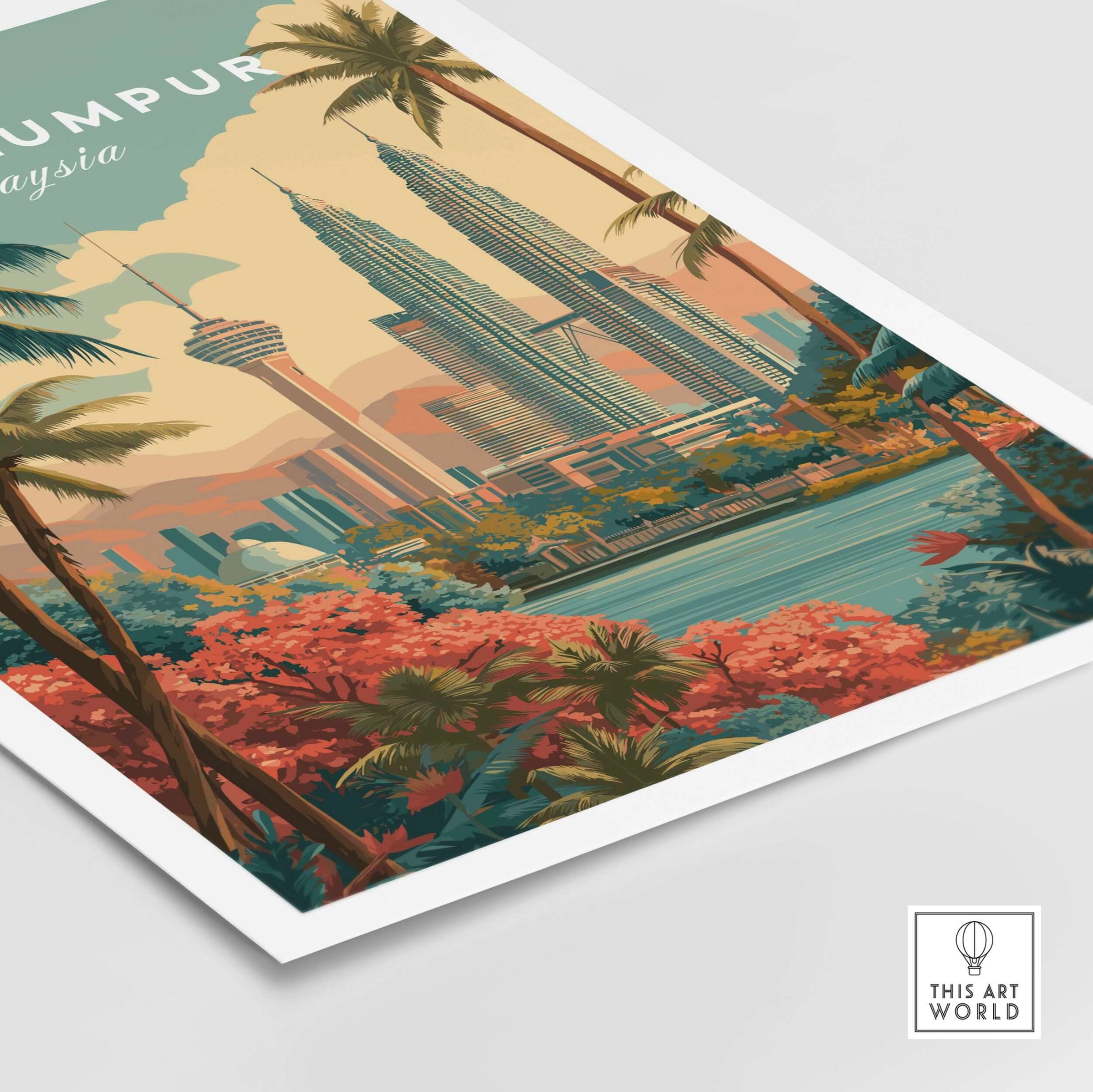 Kuala Lumpur Print Malaysia Petronas Towers & KL Tower - Cityscape Wall Art featuring vibrant foliage and skyline.