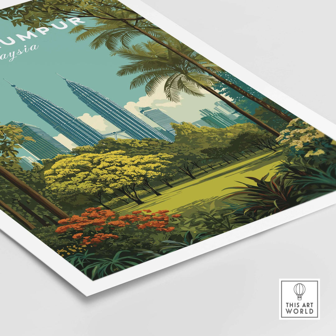 Kuala Lumpur Twin Towers garden print, vibrant city park art showcasing lush greenery and iconic skyline.