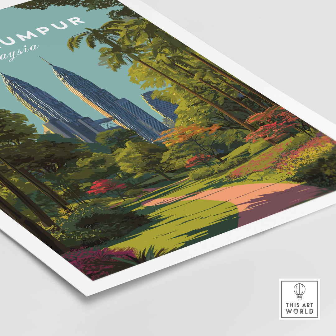 Kuala Lumpur poster featuring Petronas Towers and park path, modern city wall art for elegant decor.