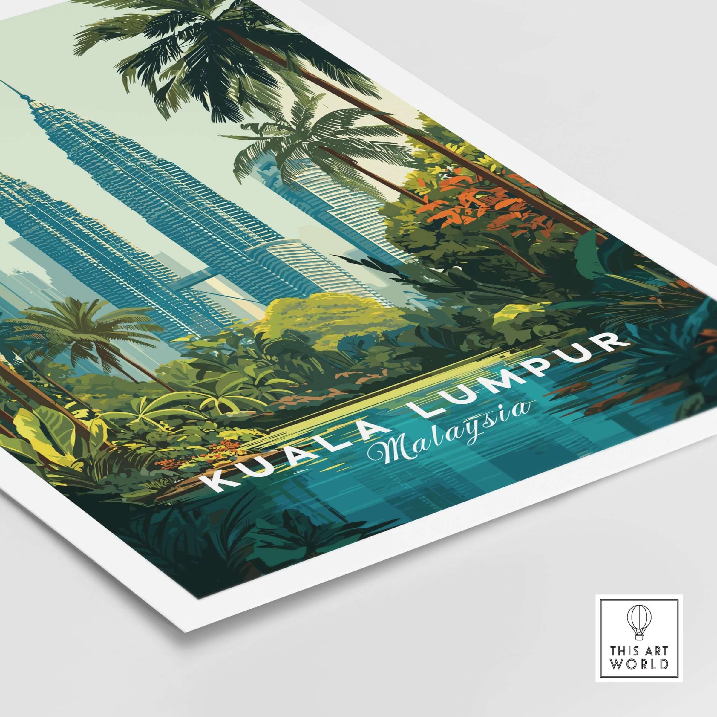 Kuala Lumpur Malaysia Twin Towers Print - Tropical Cityscape Poster featuring lush greenery and modern architecture.