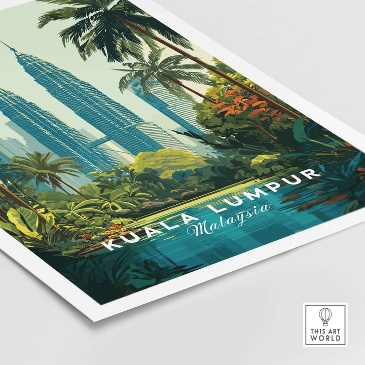 Kuala Lumpur Twin Towers print showcasing tropical cityscape and lush greenery in Malaysia.
