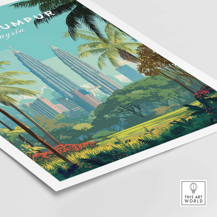 Kuala Lumpur Petronas Towers print featuring lush greenery and modern skyscrapers for a stylish wall art display.
