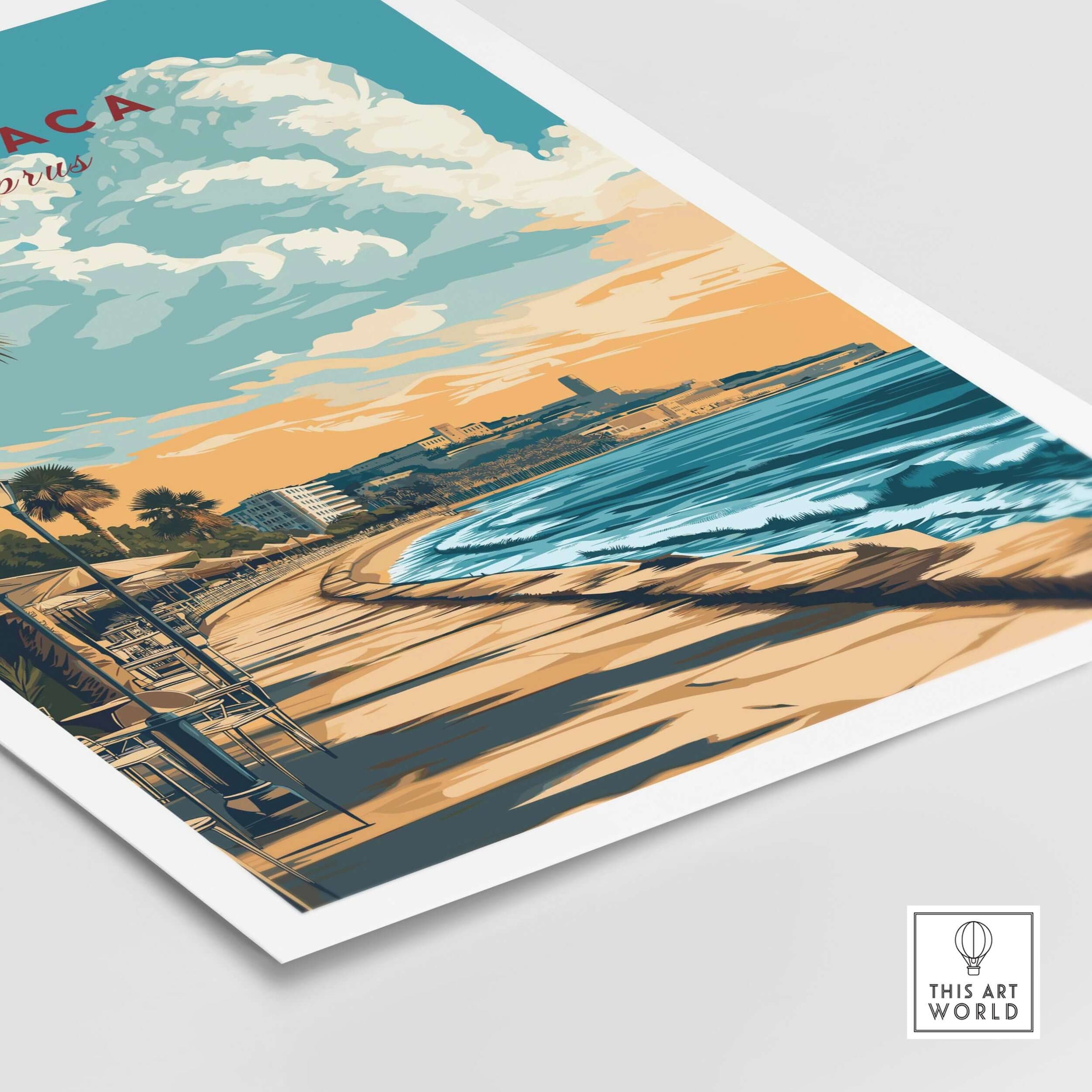 Larnaca Print Cyprus Beachfront Promenade - Mediterranean Coastal Wall Art showcasing vibrant seaside scenery.