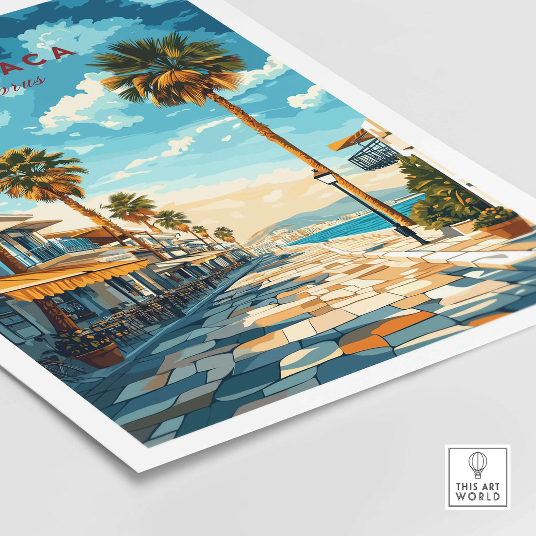 Larnaca Cyprus travel poster featuring palm trees and coastal scenery, capturing vibrant Mediterranean charm.