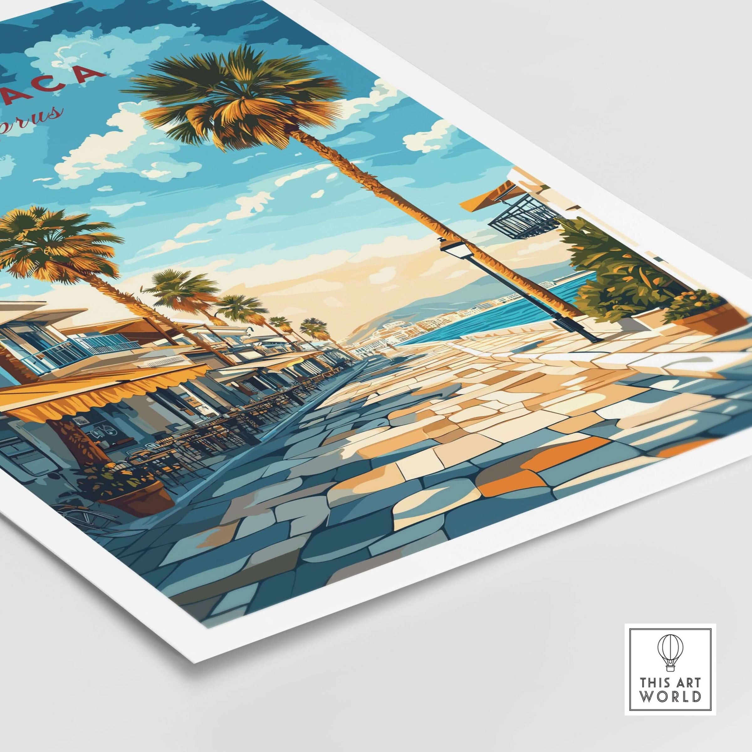 Larnaca Cyprus Poster - Travel Print showcasing a vibrant coastal street with palm trees and blue skies.